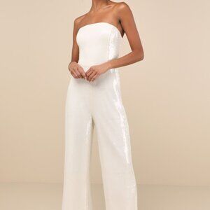 Lulus Cherelle Cream Sequin Strapless Jumpsuit White - Size L